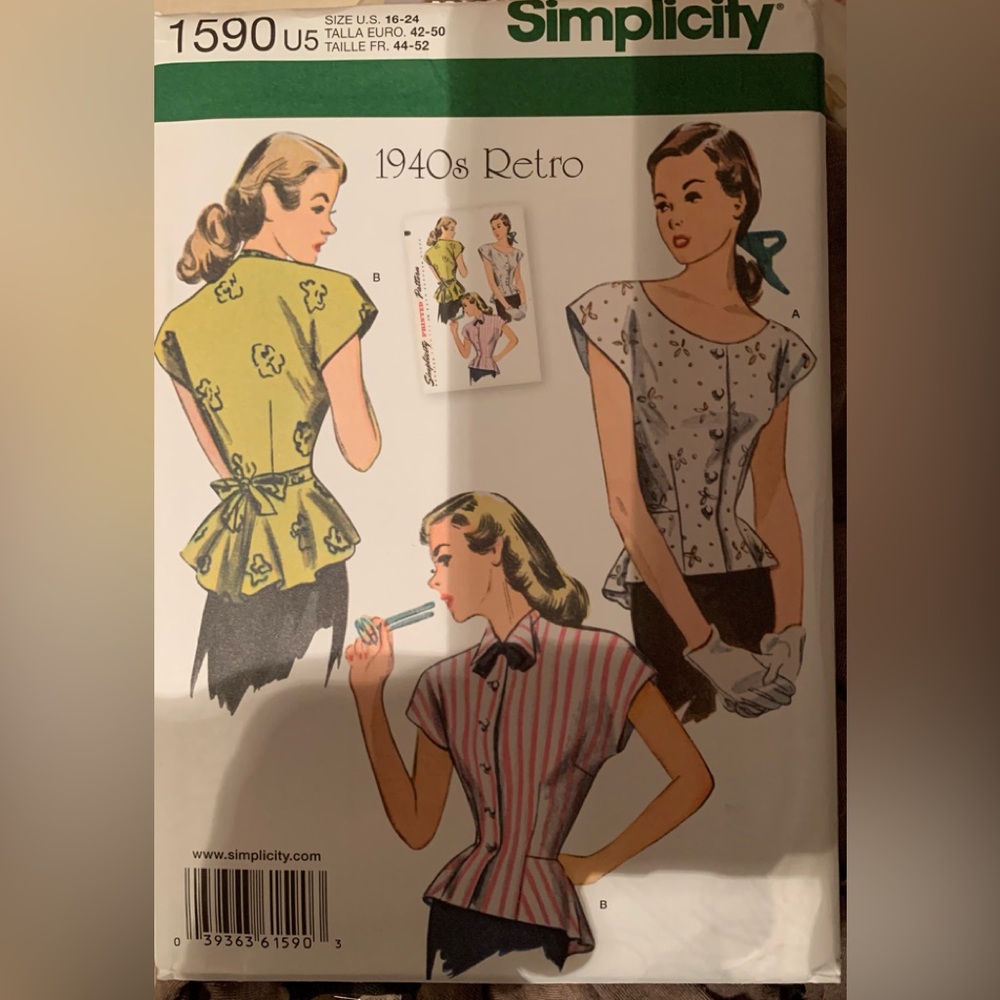 Simplicity 1940s Retro Blouse Pattern sizes 16-24 new, uncut